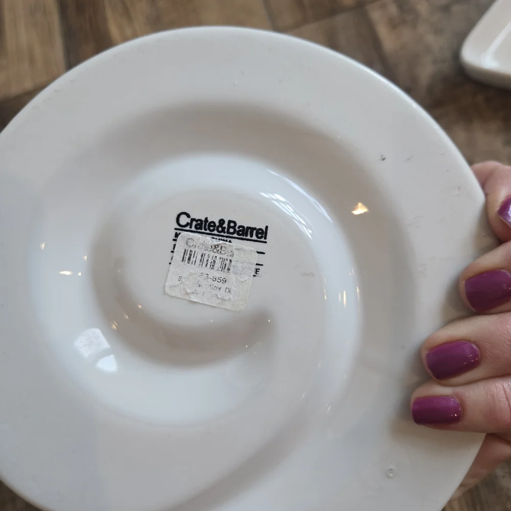 Crate & Barrel Set of 3 White Ceramic Appetizer Dishes: Swirl Wavy Triangle